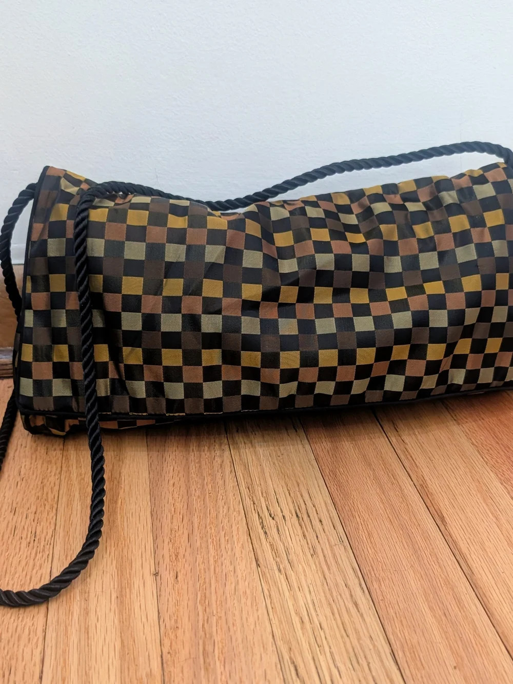 Unique Checkered satin pouch purse with black thread rope